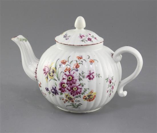 A rare Derby ribbed teapot and cover, c.1758, h. 13.5cm, replacement knop